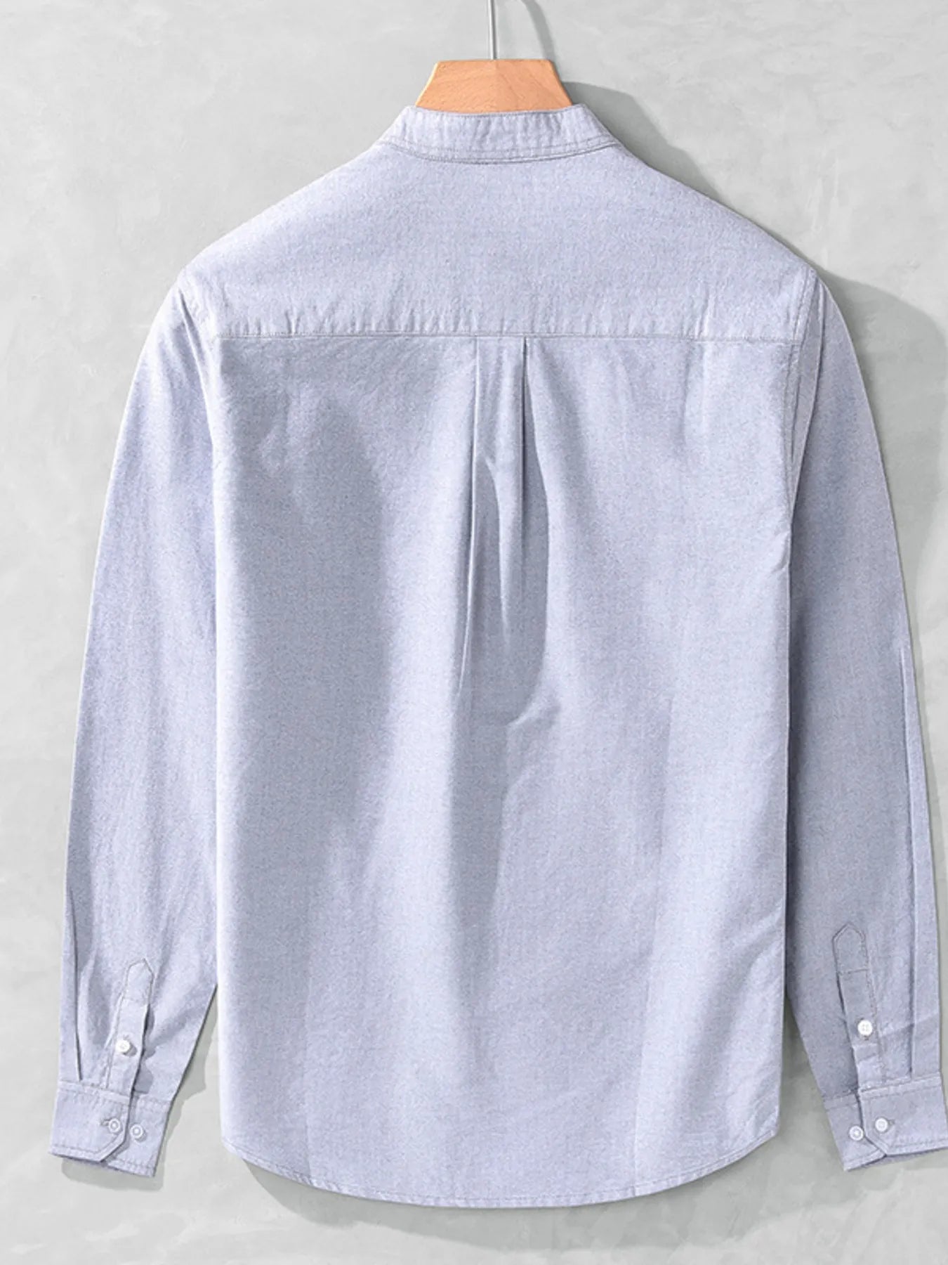Light blue men's plus-size button-up long-sleeve shirt, back view