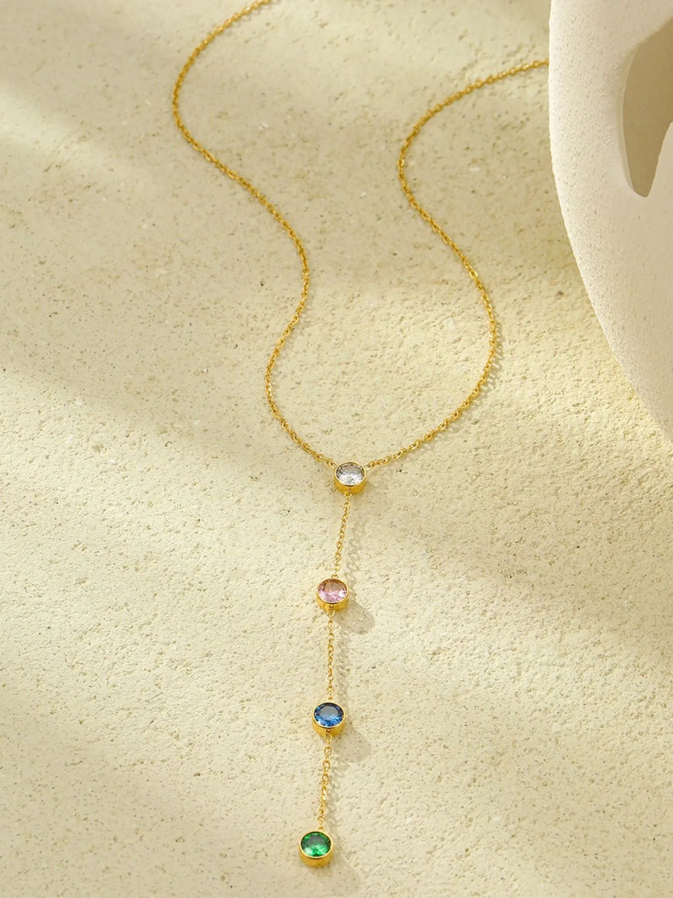 Gold-plated zircon Y-drop necklace with multicolor round stones on chain