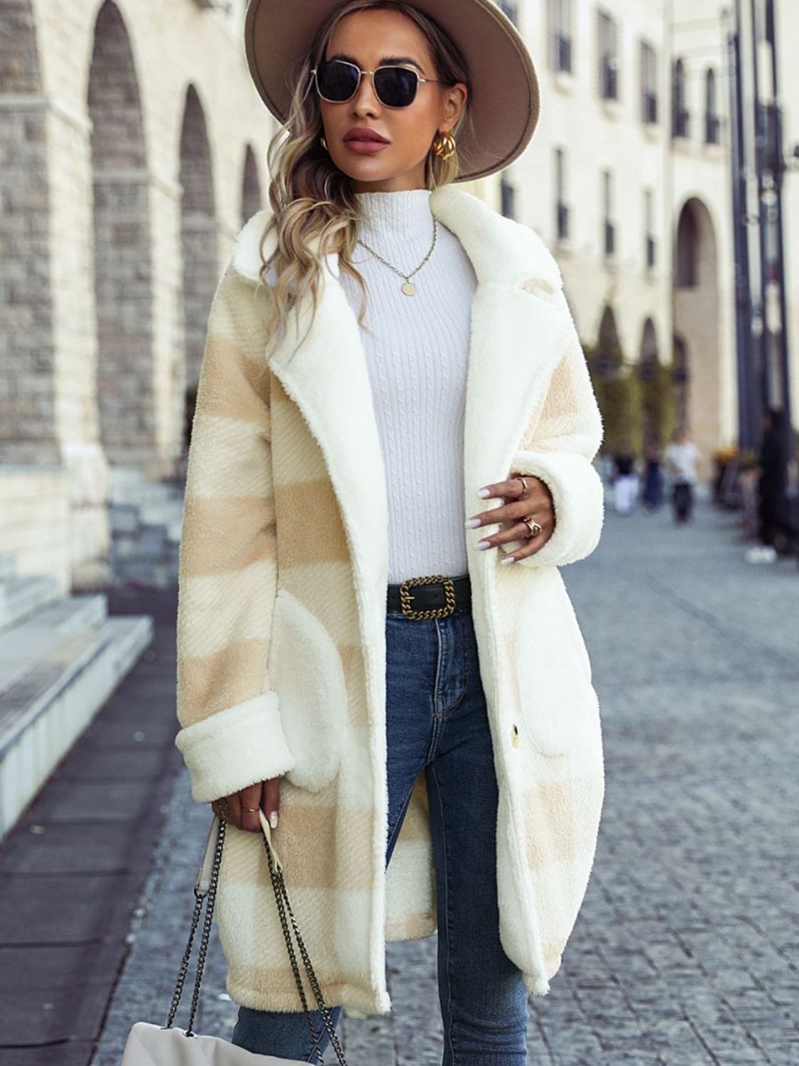 Plaid button-down coat with pockets, beige-and-cream check, long sleeves