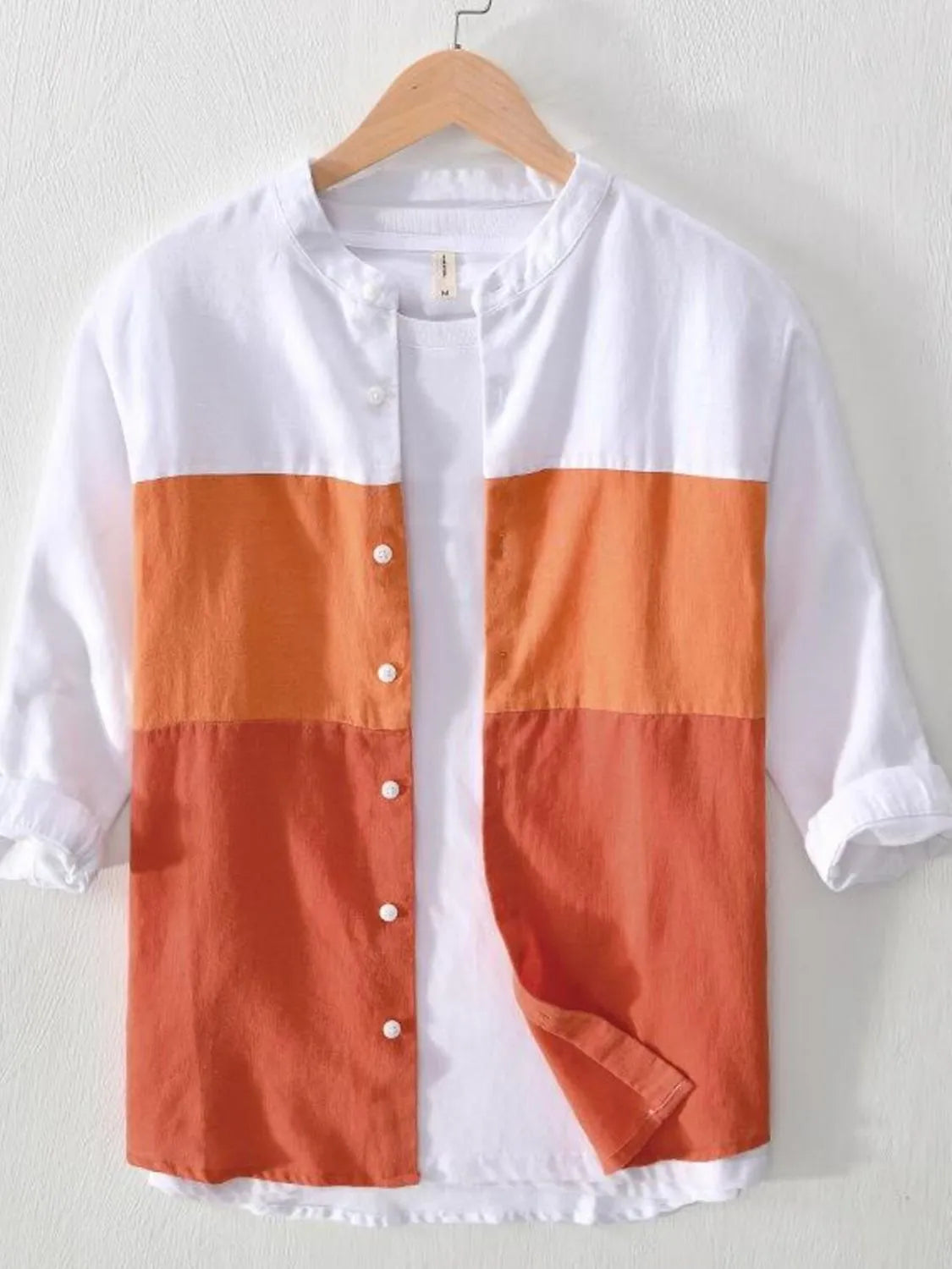 Color-block button-up shirt, white and orange blocks, button front