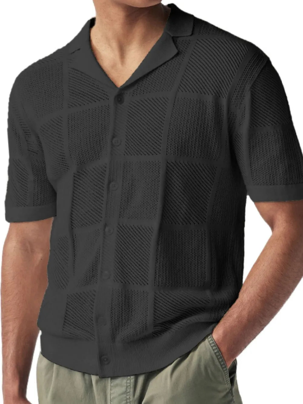 Black button-down checkered eyelet knit shirt with short sleeves and button placket