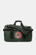 Green large duffel bag with front logo patch and top handles