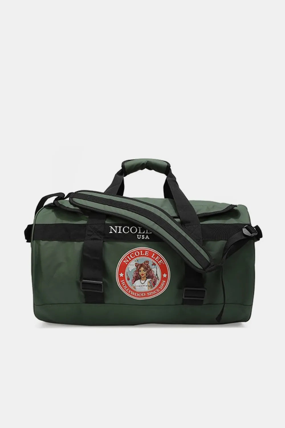 Green large duffel bag with front logo patch and top handles