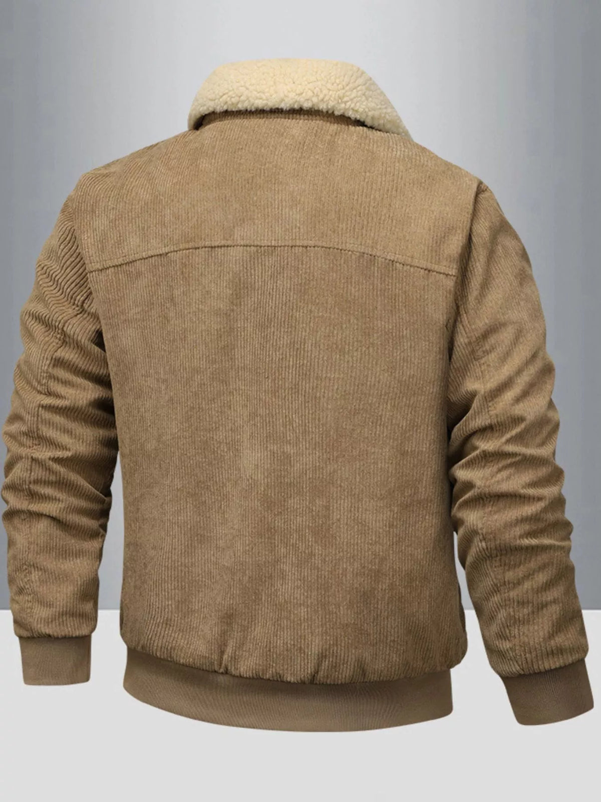Men's corduroy jacket, khaki with sherpa collar, back view