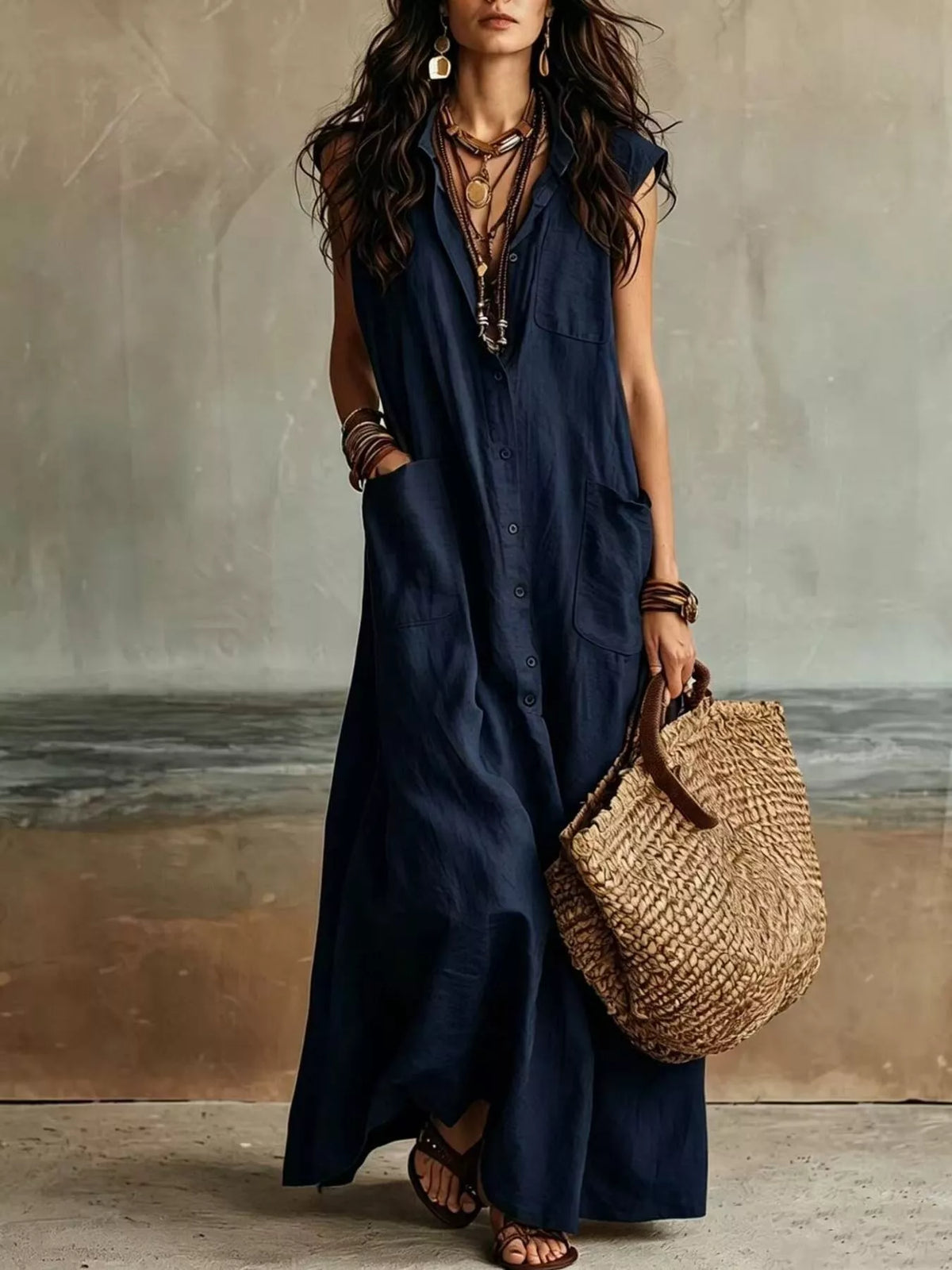 Navy sleeveless button-down linen maxi dress with front buttons and patch pocket