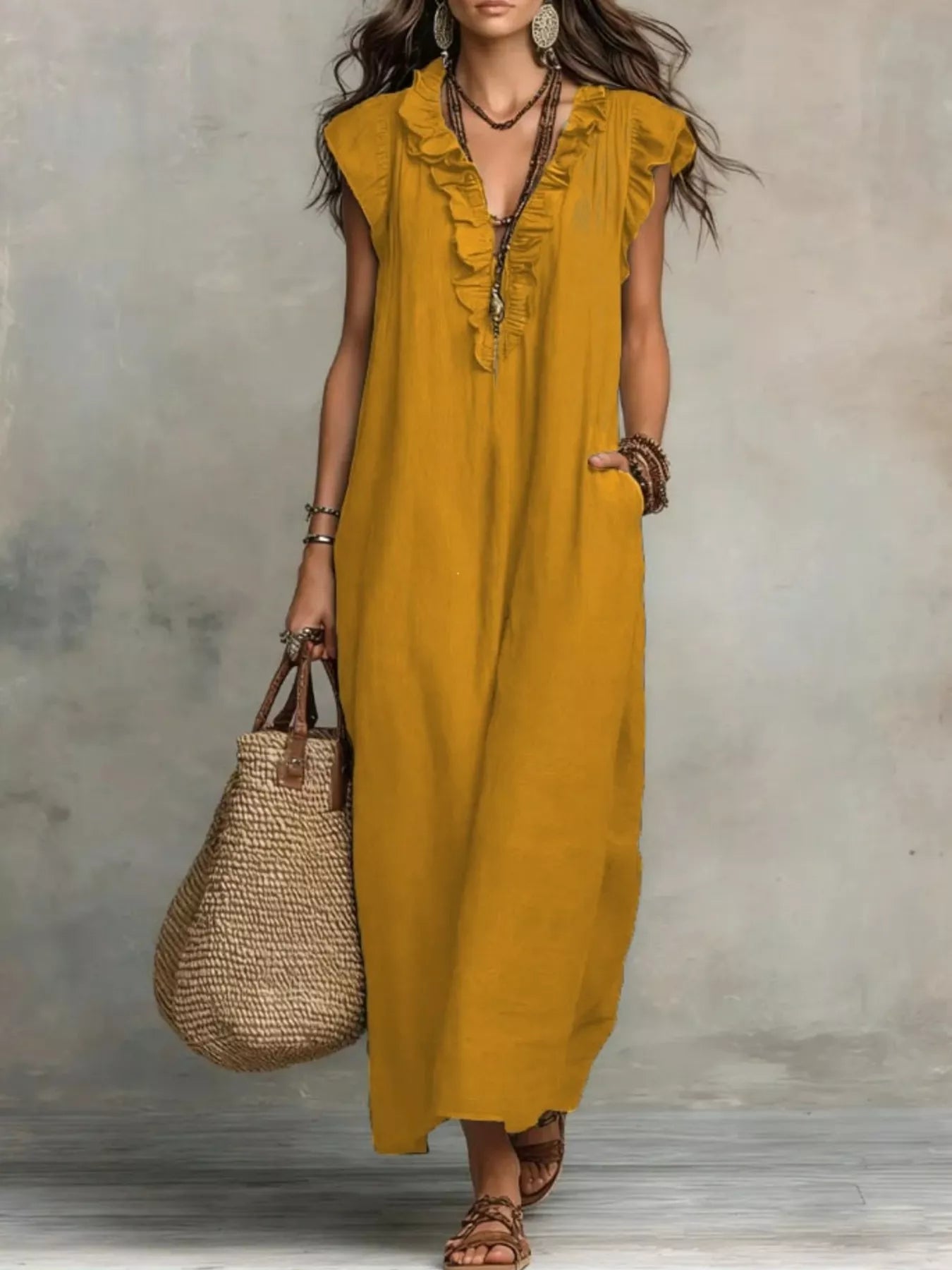 Mustard ruffled V-neck maxi dress with short cap sleeves and front lace-up trim