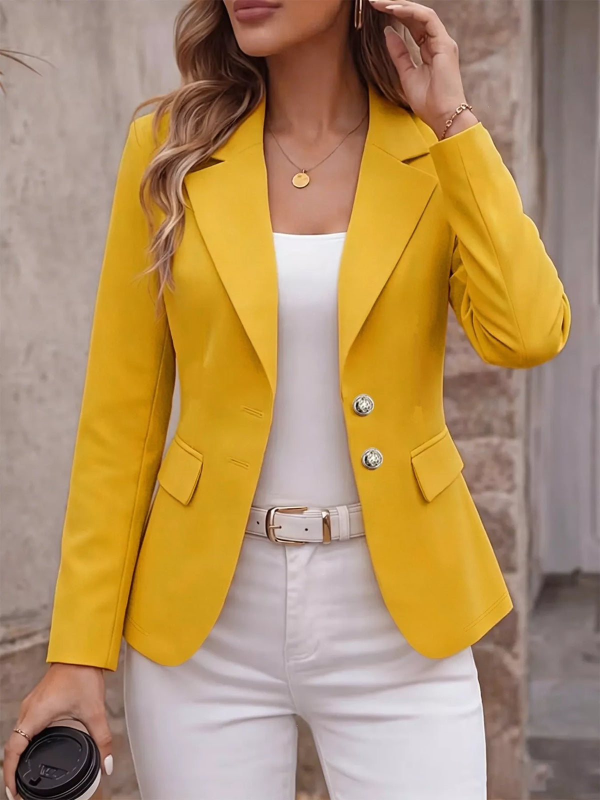 Yellow lapel long-sleeve blazer with button front and patch pockets, fitted look