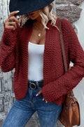 Open-front cardigan in burgundy with chunky knit texture and long sleeves