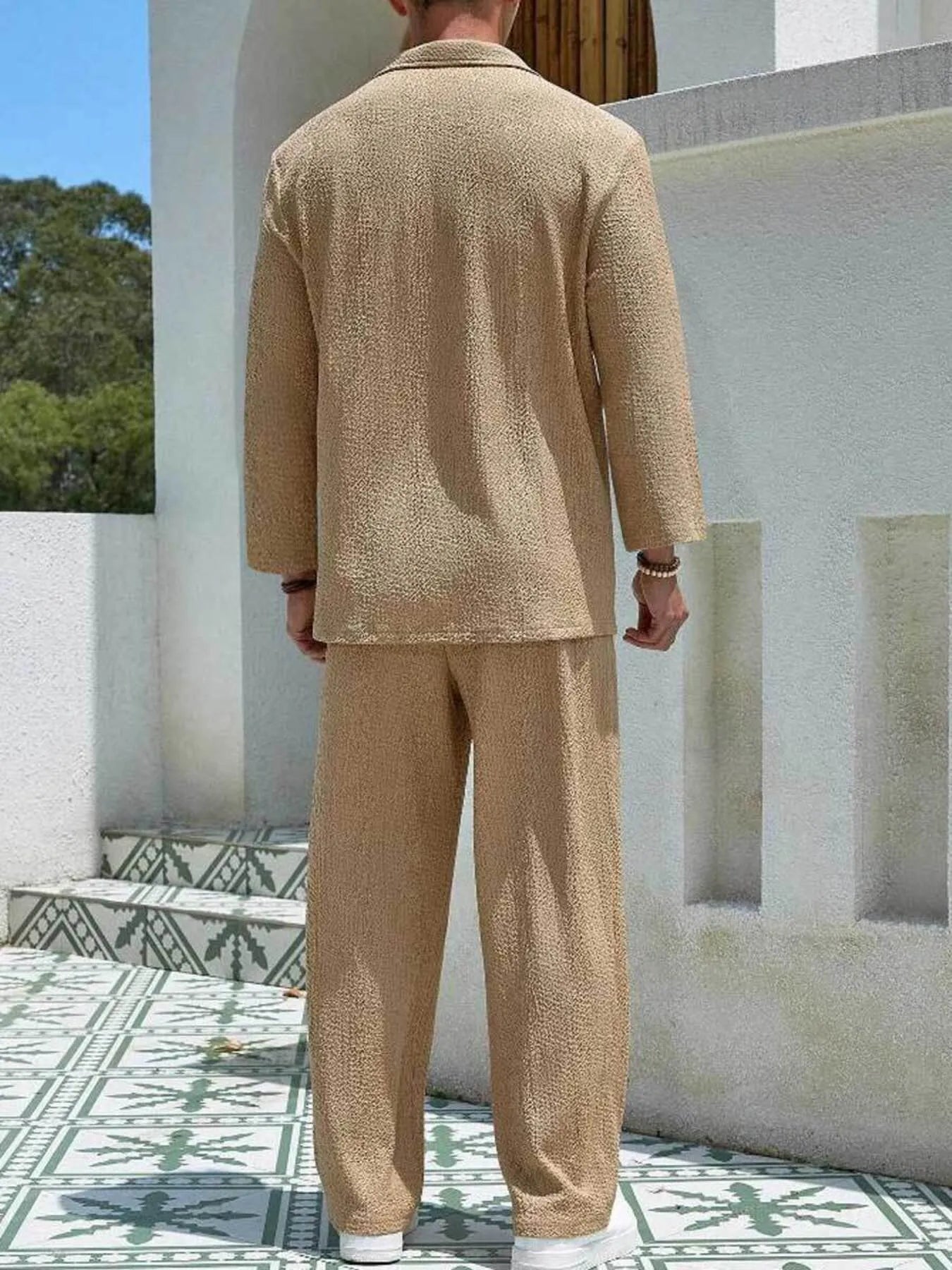 Men's long-sleeve top and pants set in khaki, back view with long sleeves and straight legs