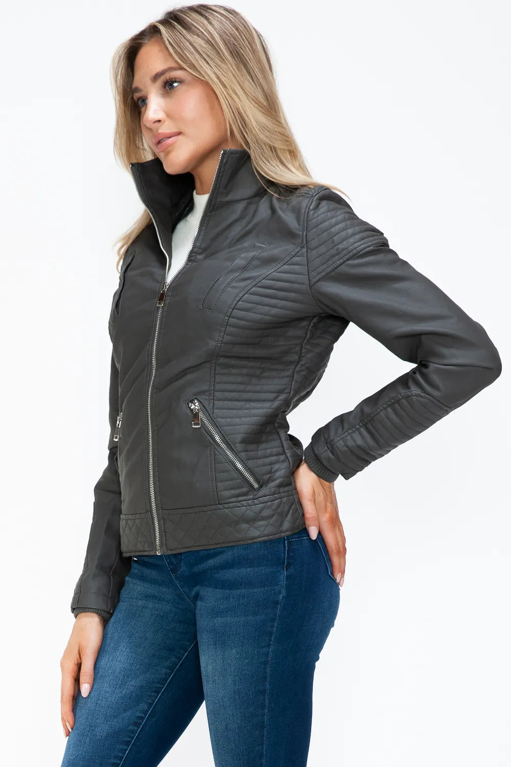 Charcoal quilted double-zip jacket with stand collar and angled zip pocket