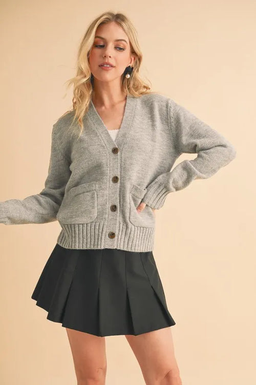 Gray ribbed hem V-neck button cardigan with front buttons and two patch pockets