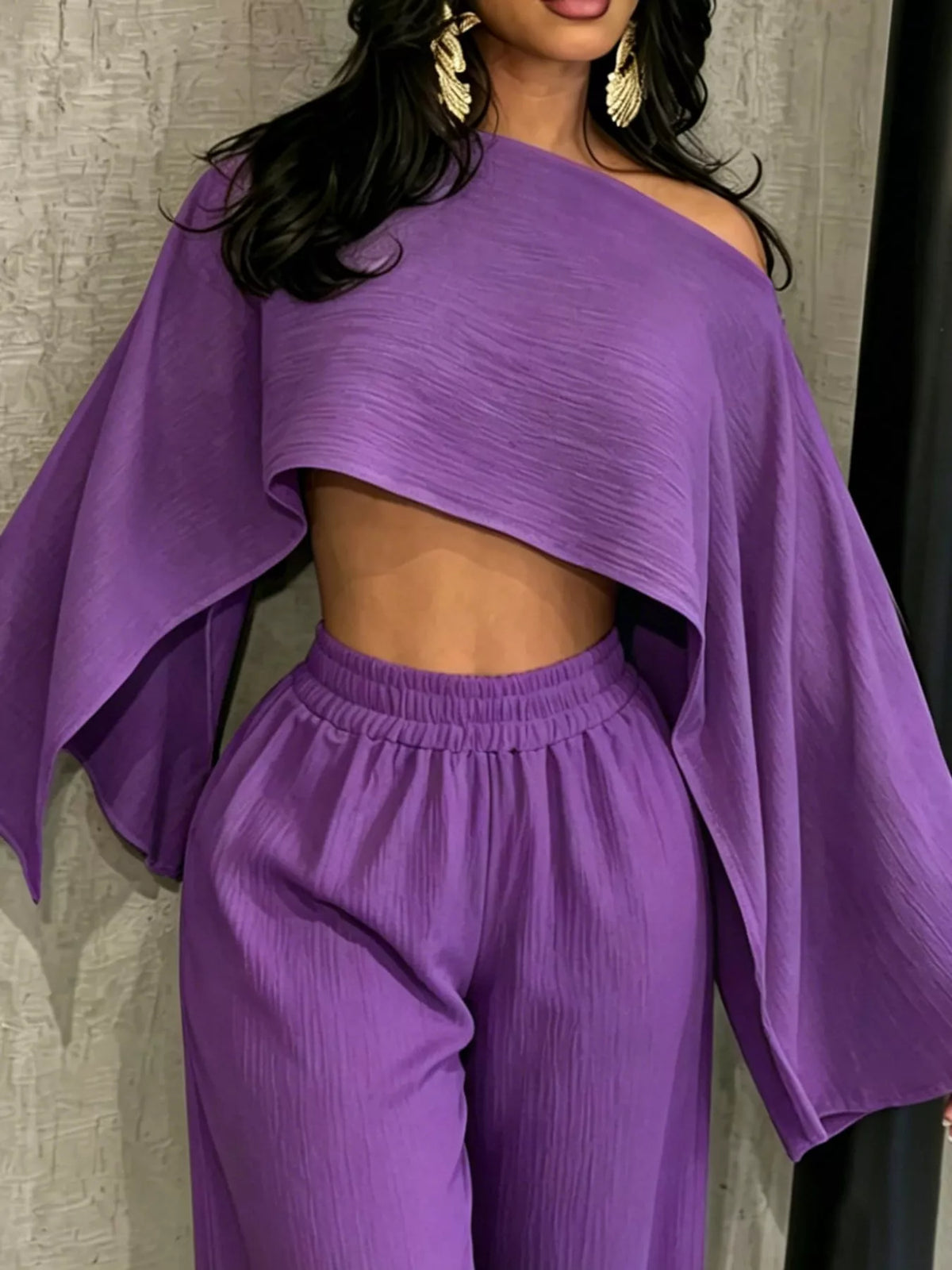 Women’s purple boat-neck crop top and matching elastic-waist wide-leg pants set