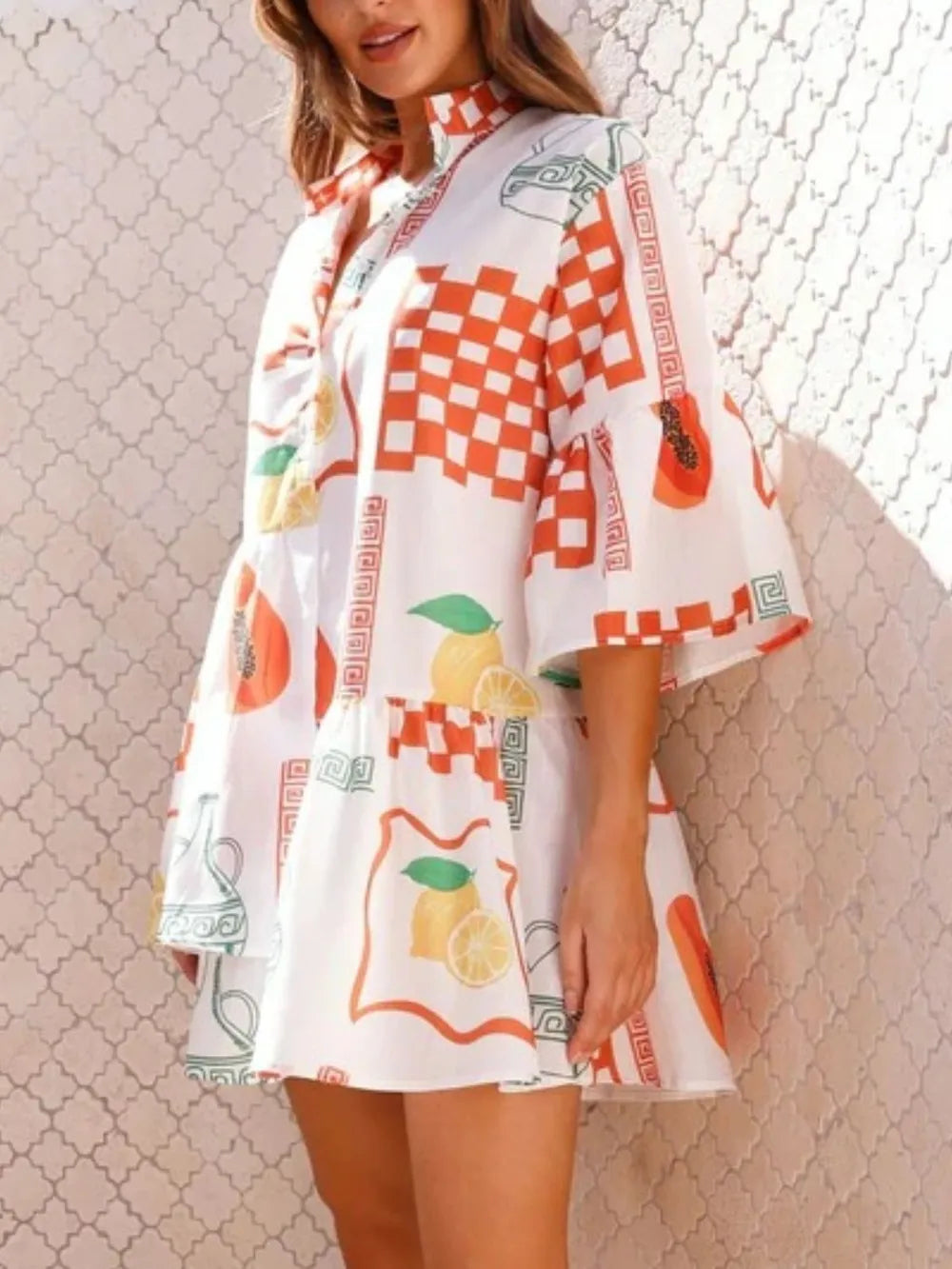Printed mini dress with three-quarter sleeves, white and orange geometric check and fruit design