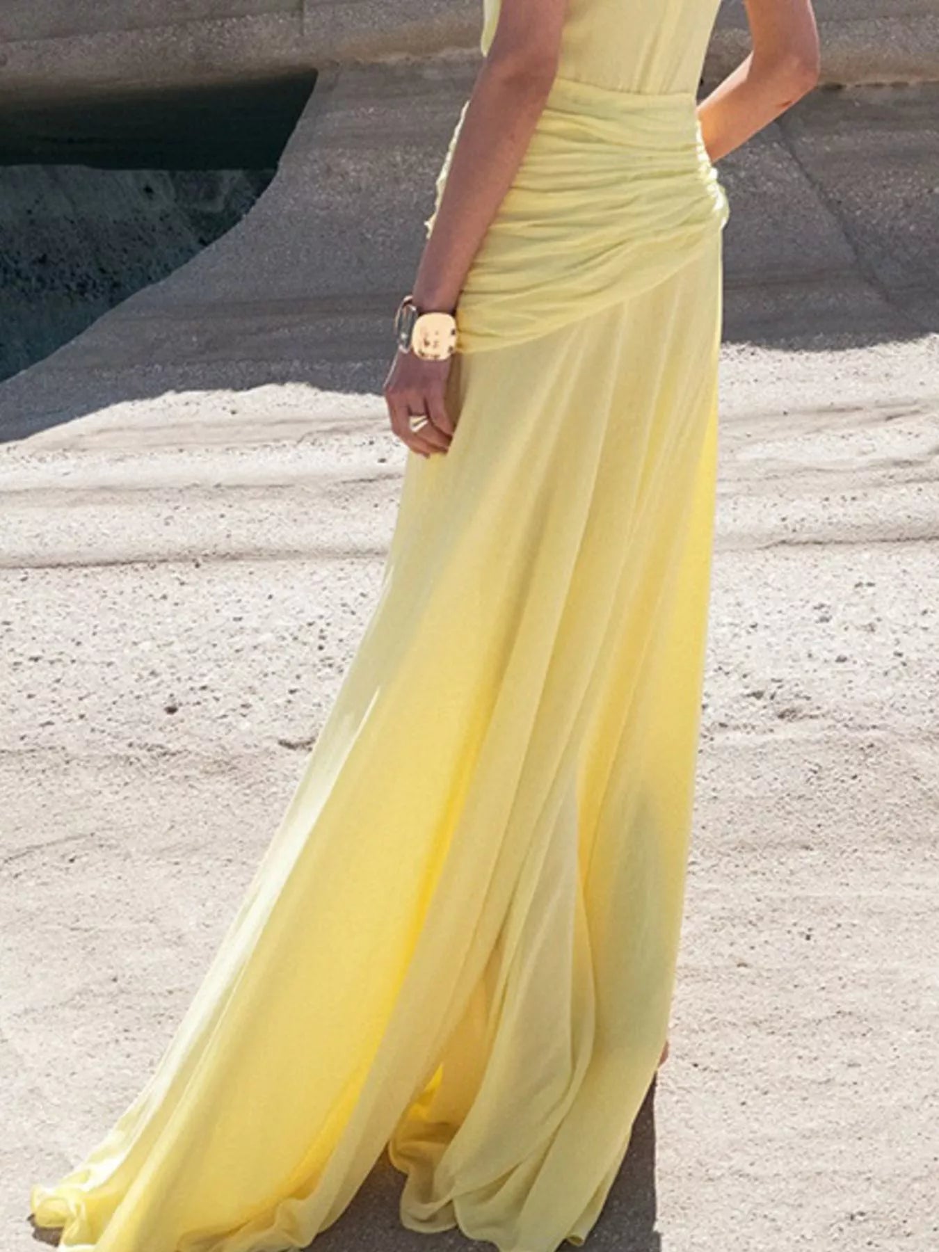 Cedar & Moore Sleeveless Ruched High-Slit Maxi Dress in yellow by Trendsi
