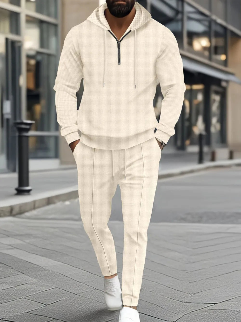 Men's waffle-knit half-zip hoodie and pants set, light beige