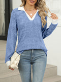 Cedar & Moore Ribbed Knit Long Sleeve T-Shirt in blue with white collar and cuffs