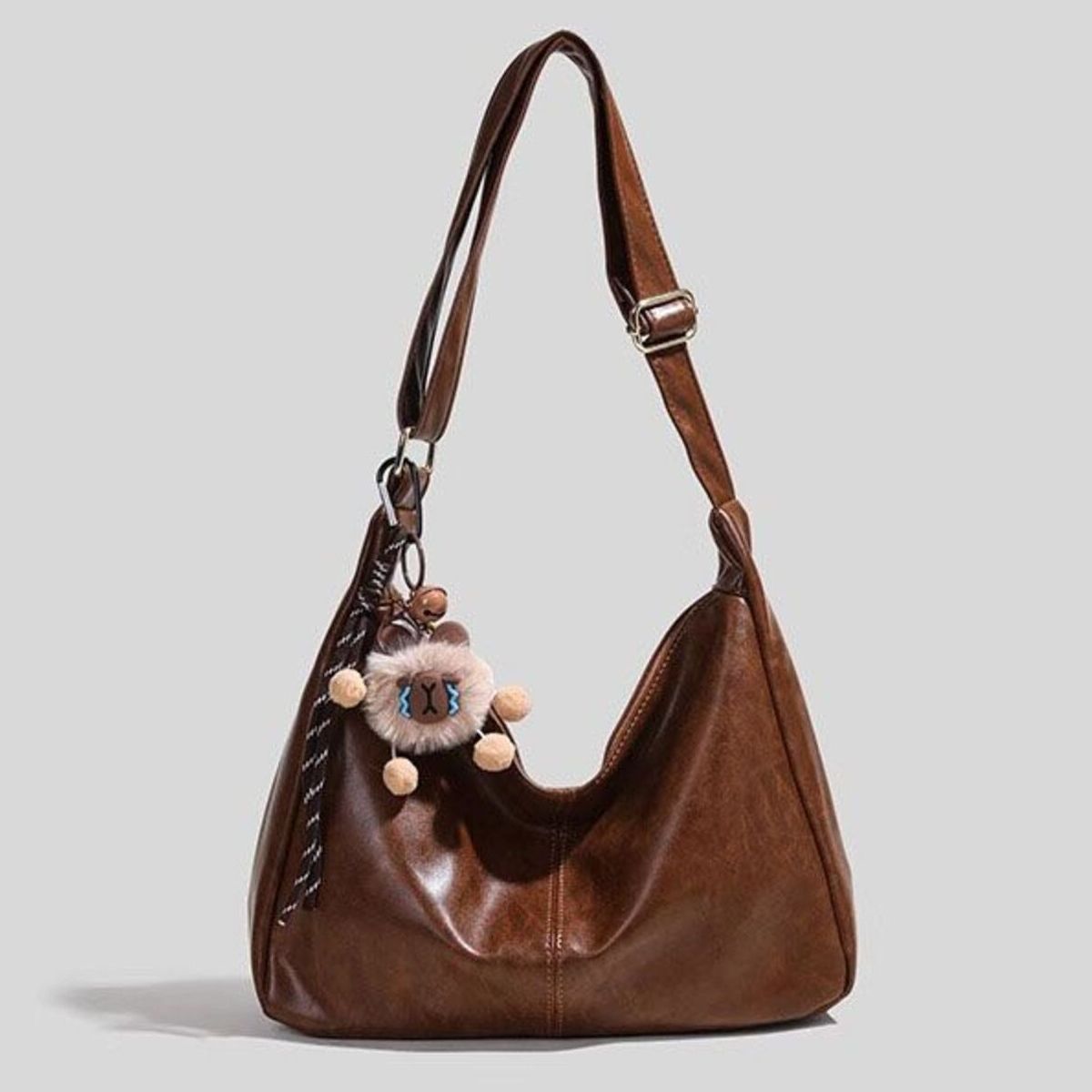 Vintage Style Hobo Shoulder Bag, large brown PU leather, Trendsi