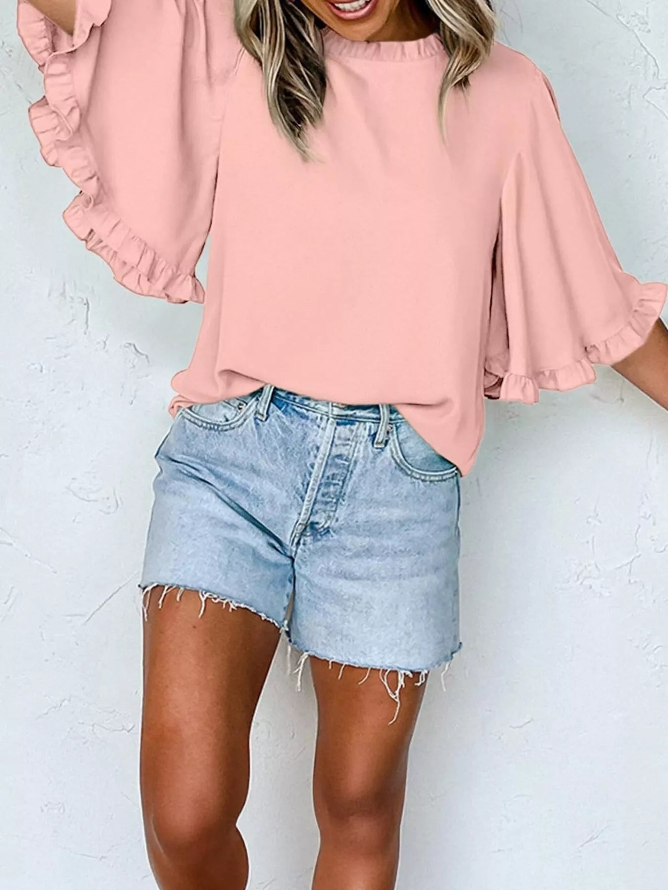 Ruffle Trim Half Sleeve Blouse in pink with relaxed fit