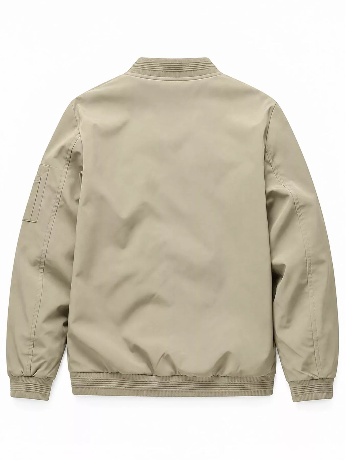 Light khaki lightweight bomber jacket, back view with ribbed hem and cuffs