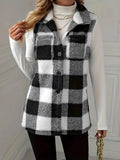 Black plaid-and-white check button-front sleeveless vest coat, sherpa fleece