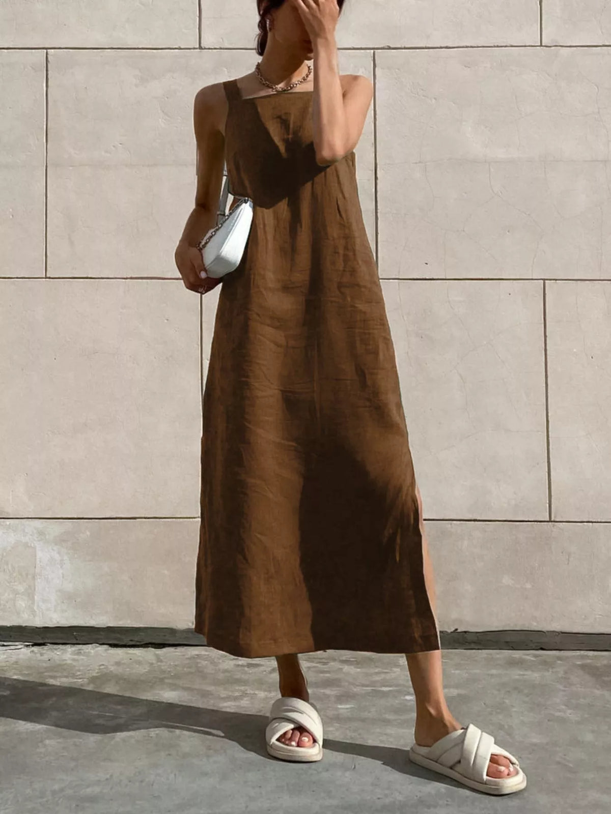 Brown sleeveless cotton-linen midi dress with side slit and scoop neckline