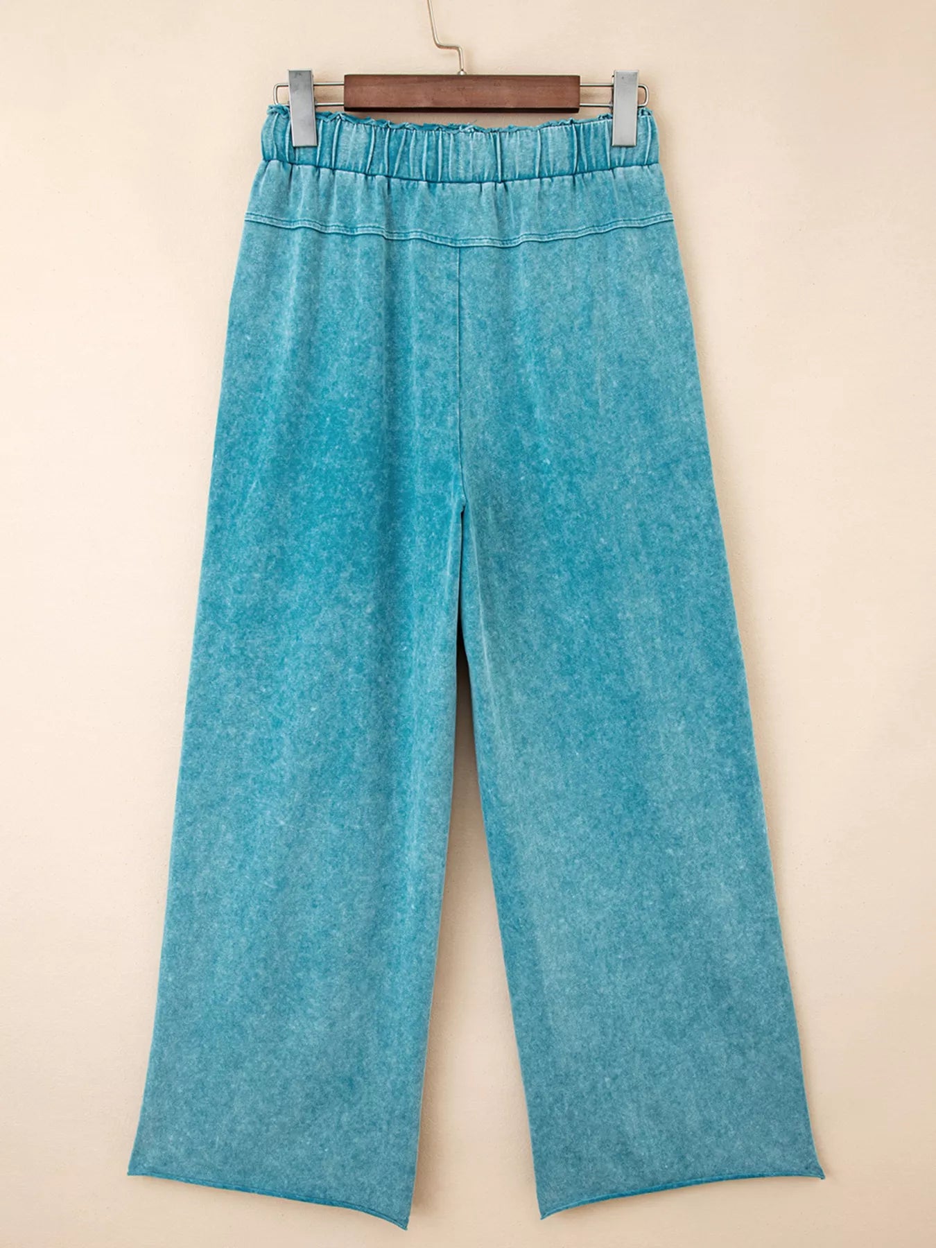 Teal mineral-wash high-waist wide-leg pants with elastic drawstring waist