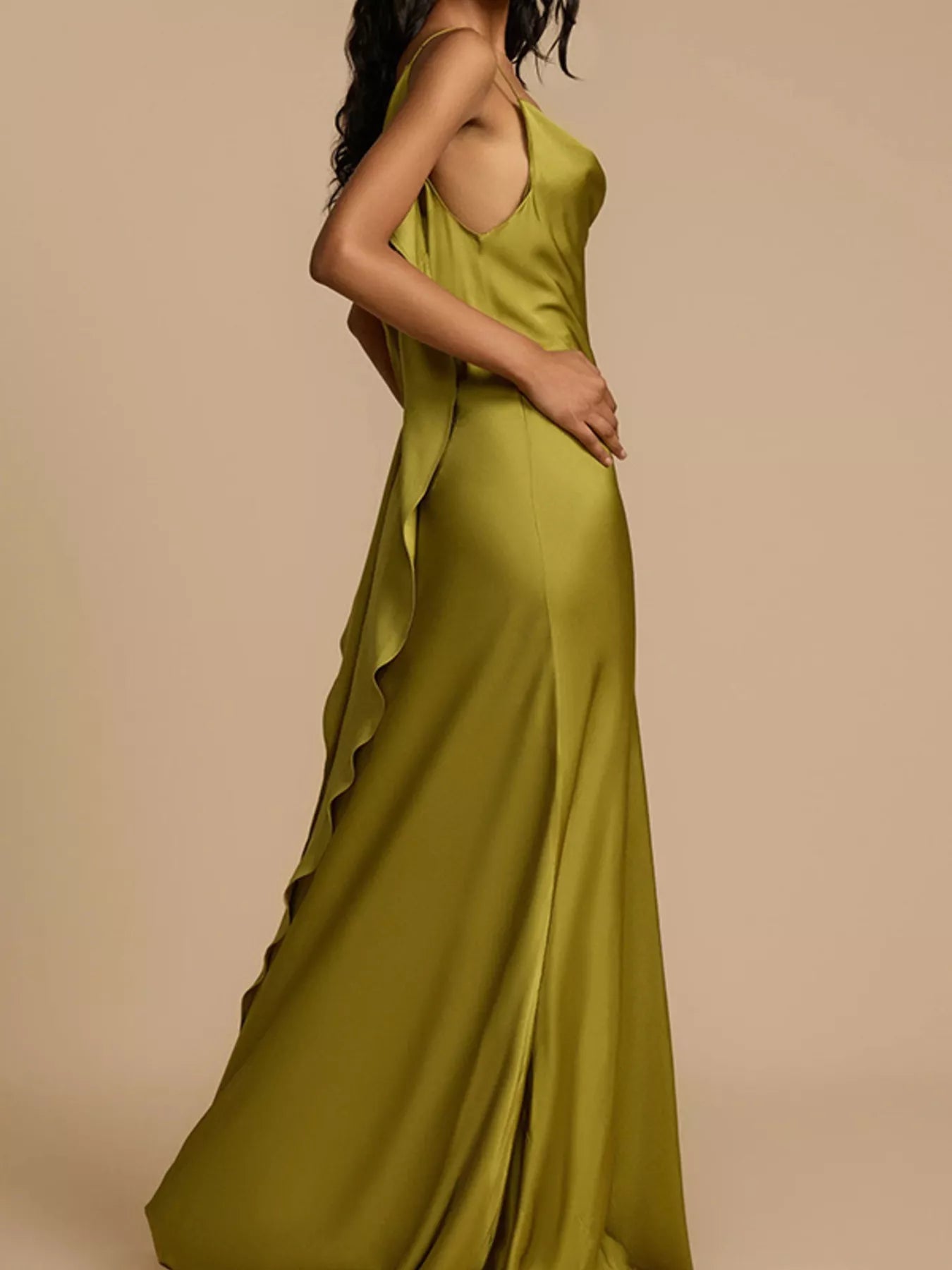 Cedar & Moore Satin cowl neck maxi dress by Trendsi in olive green satin fabric, no slit
