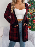 Plaid open-front long-sleeve cardigan, burgundy and black check pattern