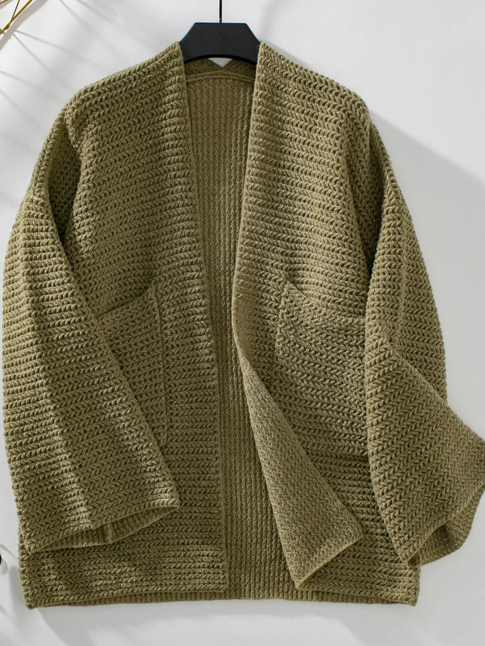 Moss open-front long sleeve cardigan on hanger, textured knit with patch pockets
