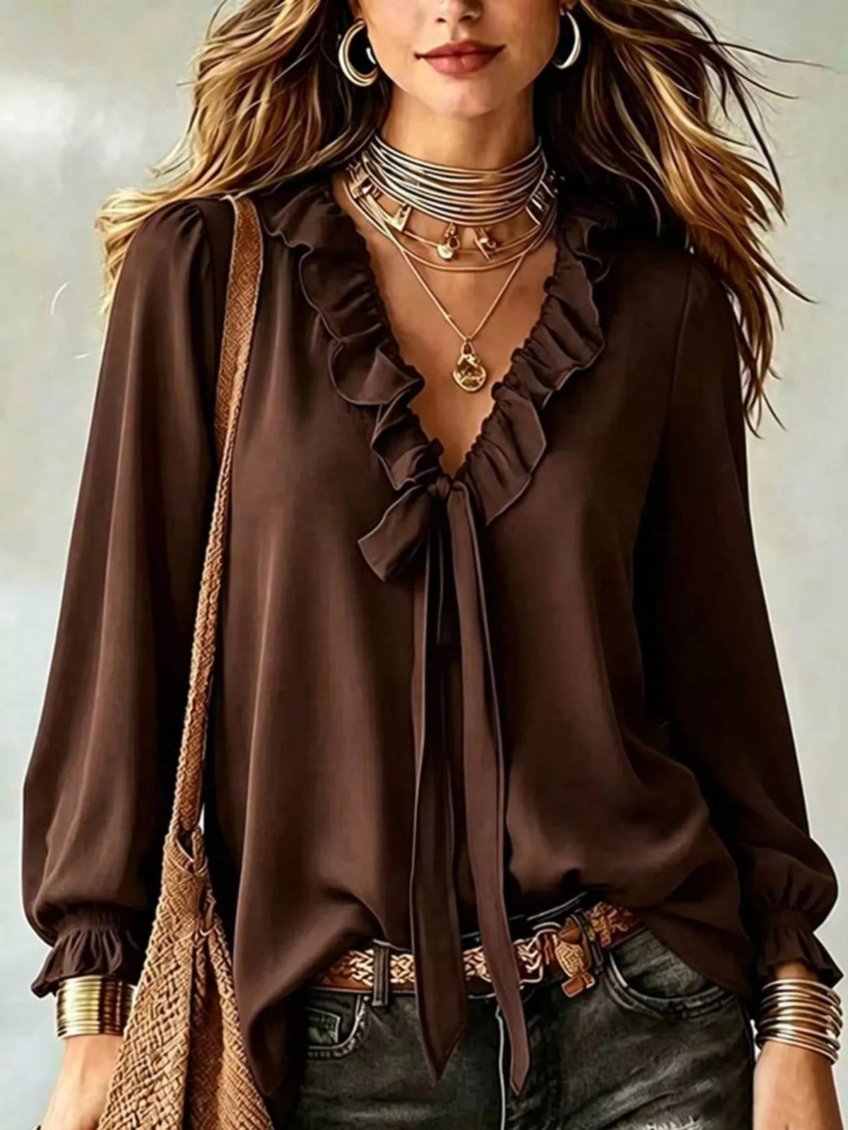 Dark brown ruffle V-neck front-tie blouse top with long puff sleeves