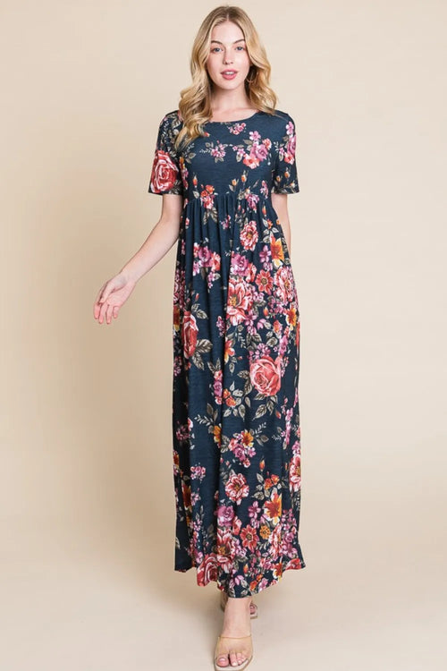 Floral maxi dress with short sleeves, dark navy base, gathered waist