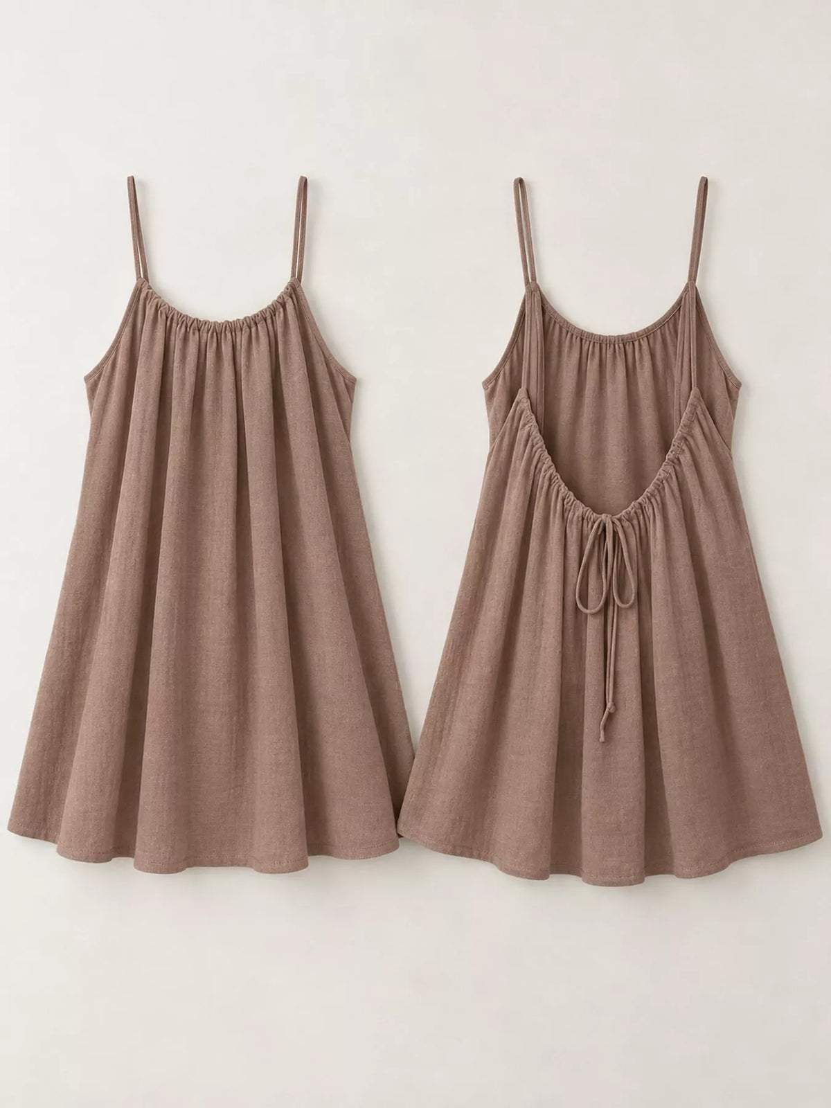 Taupe spaghetti strap mini dress with ruched gathered neckline and tie-front detail