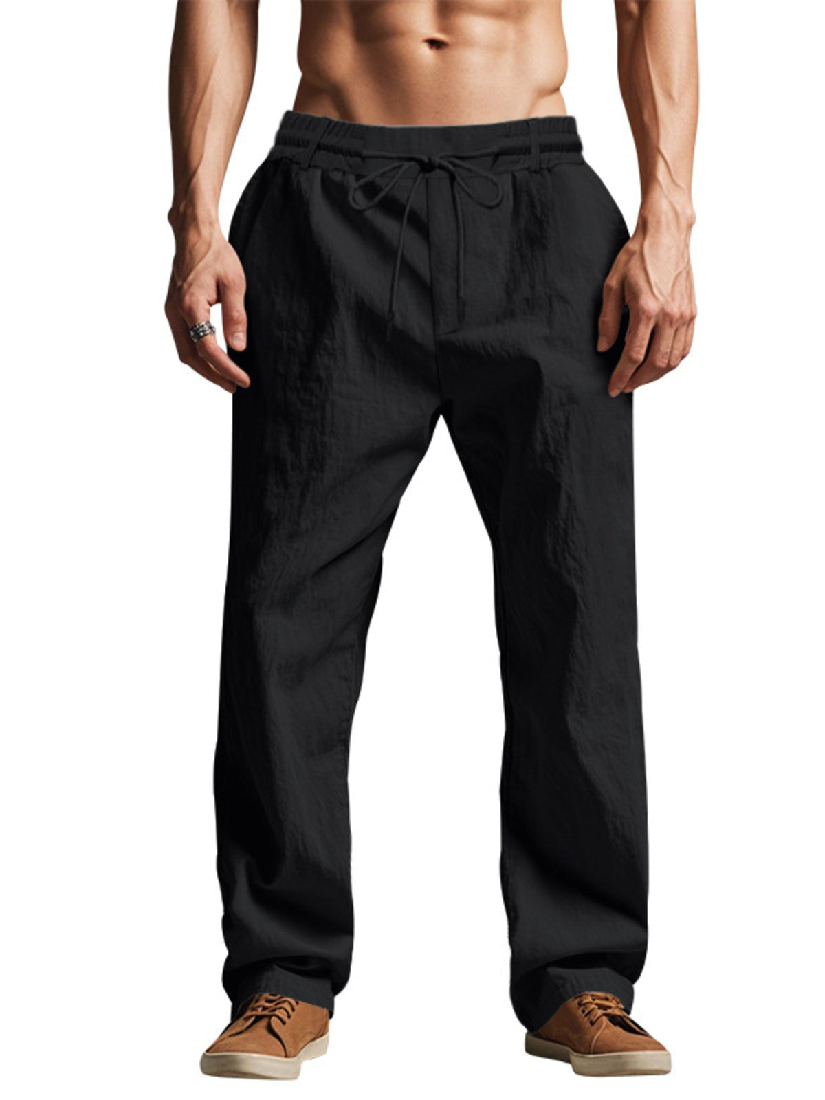 Men's lightweight drawstring pants, black elastic waist and front drawstring, full length.