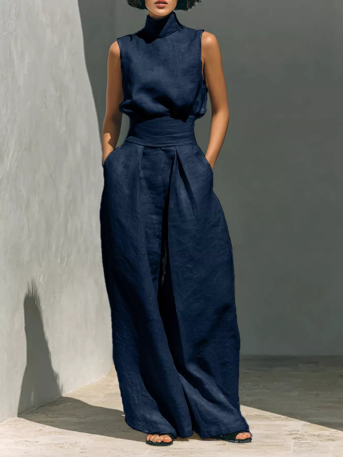 Sleeveless turtleneck set with wide-leg pants, dark blue, knot-tied waist
