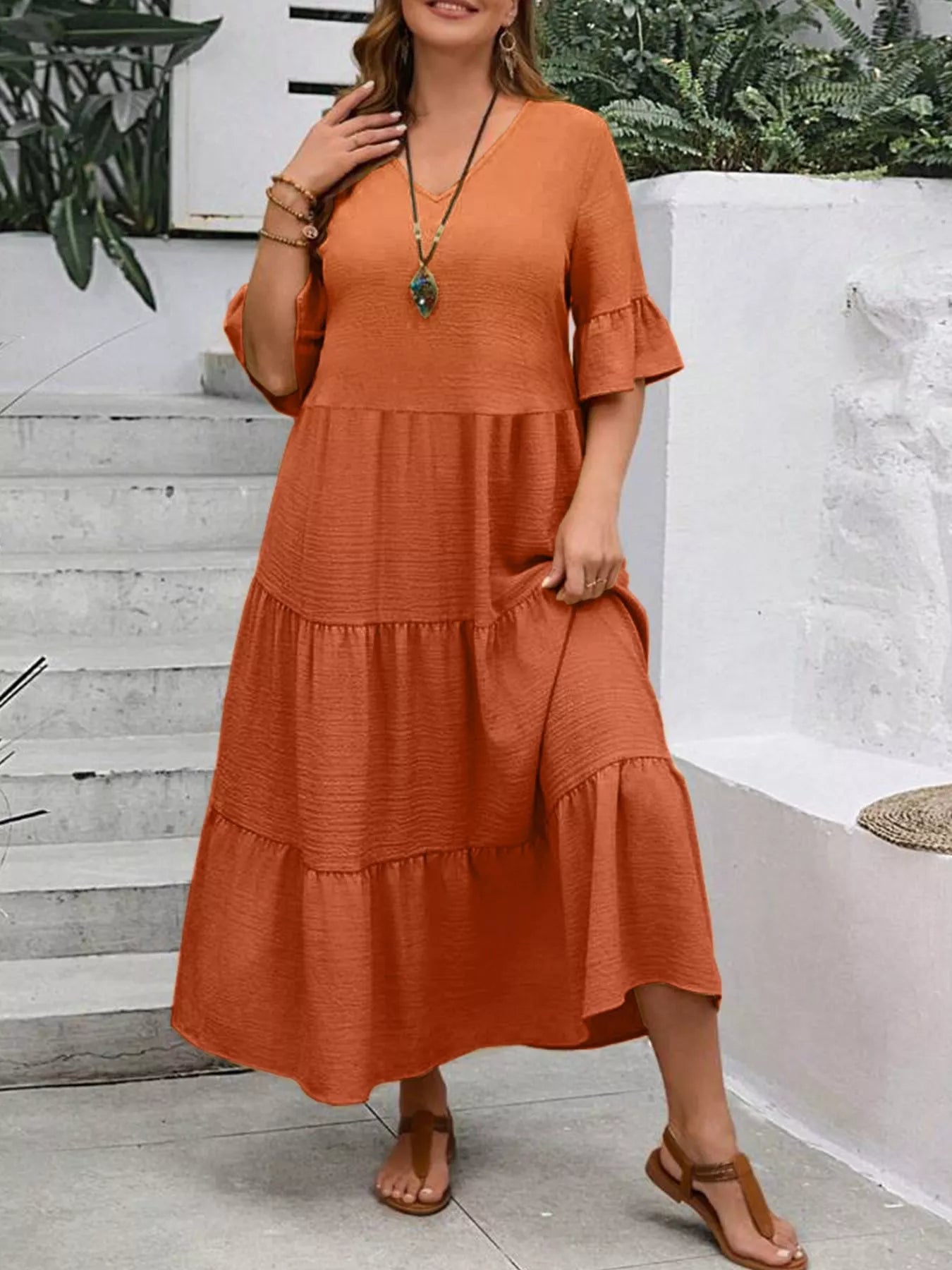 Tiered midi dress with ruffle sleeves, terracotta orange