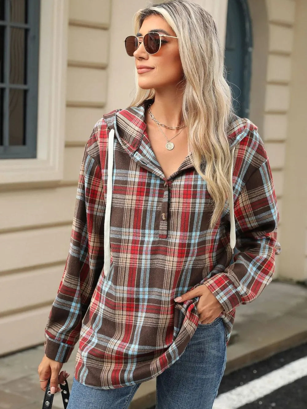 Multicolor plaid hooded long-sleeve top with drawstring and button front, long sleeves