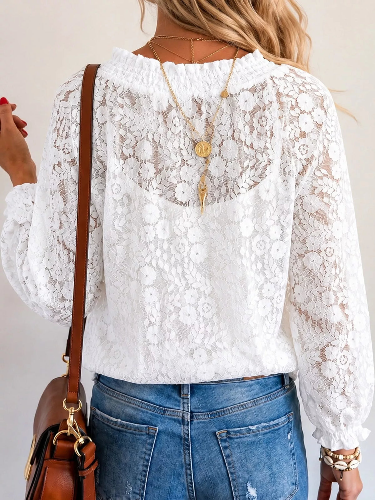 White openwork lace long-sleeve blouse with elastic back neckline
