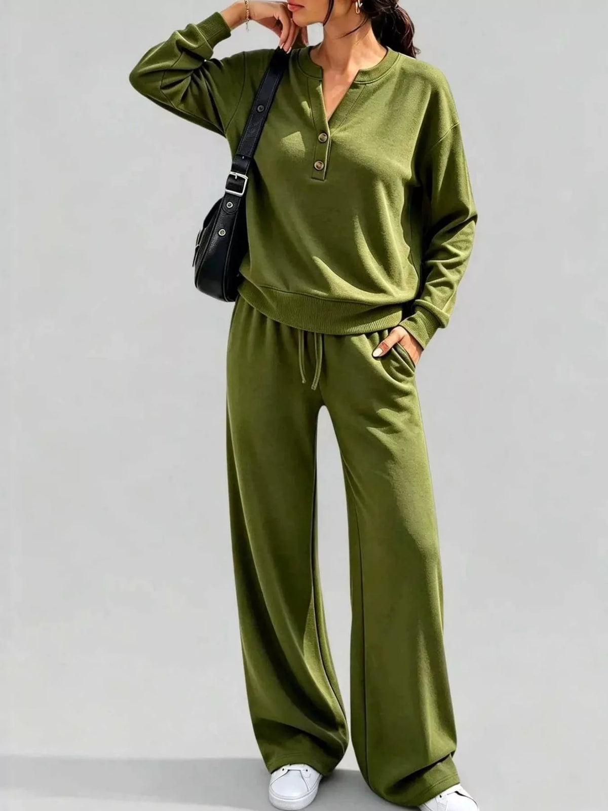 Women’s army green button-front long-sleeve top and wide-leg lounge pants set