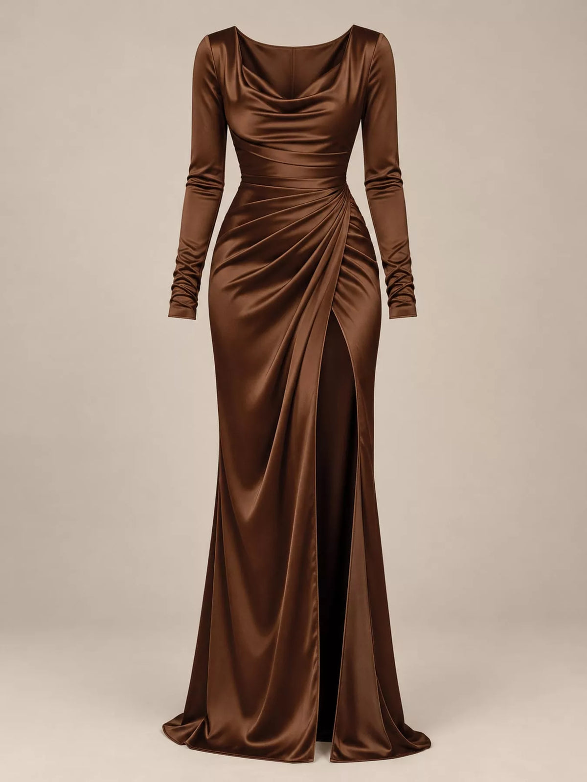Brown satin cowl-neck maxi dress with long sleeves and high side slit
