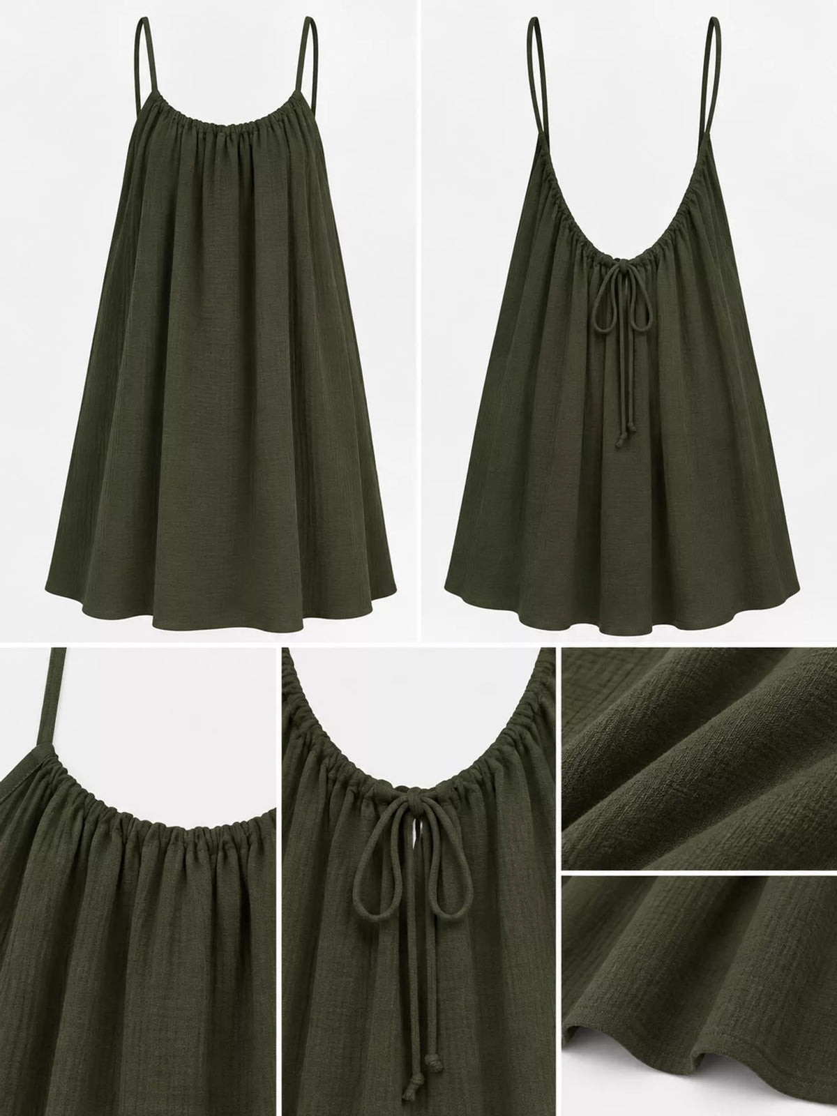 Dark green backless mini dress with spaghetti straps, ruched waist and tie at open back