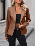 Women’s brown button-up blazer with notched collar, long sleeves, and double-breasted details