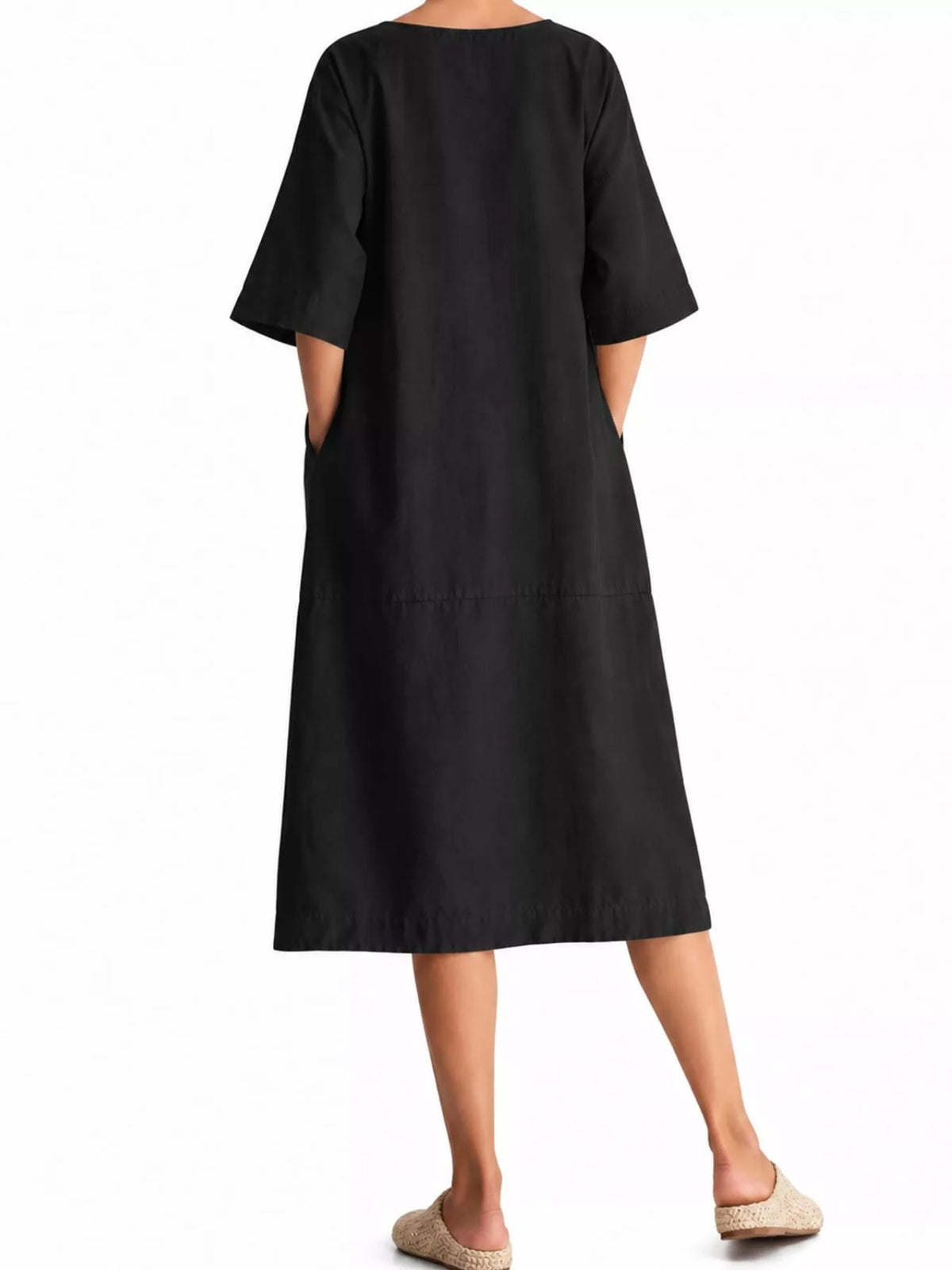 Back view of a loose-fit black linen-blend midi dress with short sleeves