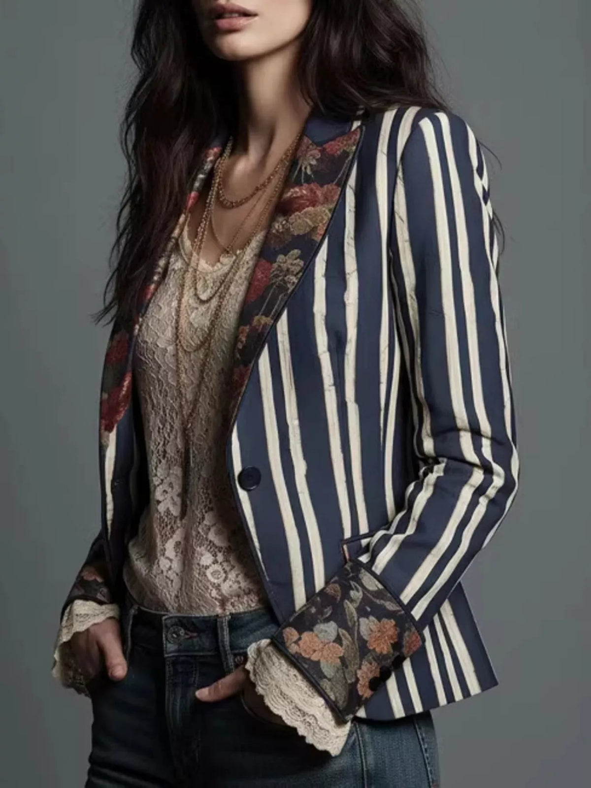 Women’s slim fit striped blazer, single button, floral inner trim, lace cuffs