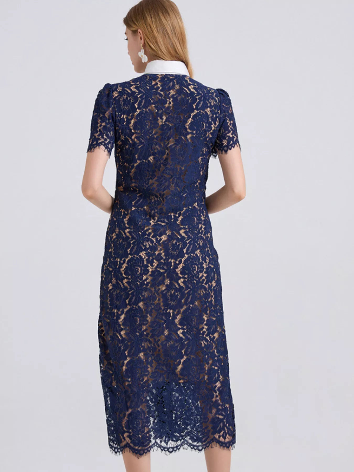 Cedar & Moore Lace Button-Down Midi Dress in navy blue lace, back view with scalloped hem