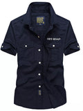 Men's stretch cotton short-sleeve shirt, dark navy, button-up with chest pockets