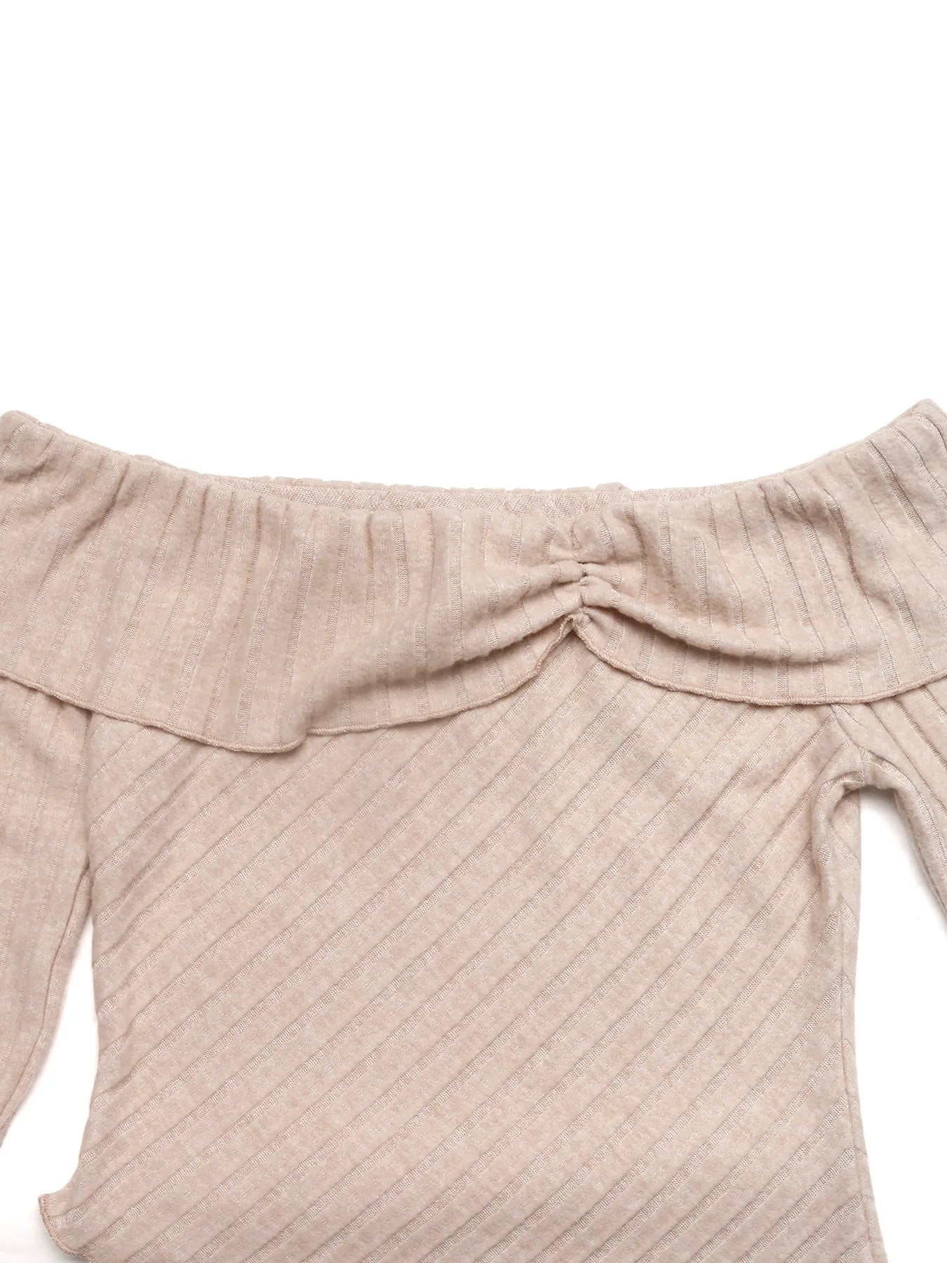 Khaki off-shoulder knit top neckline with gathered tie detail and textured ribbing