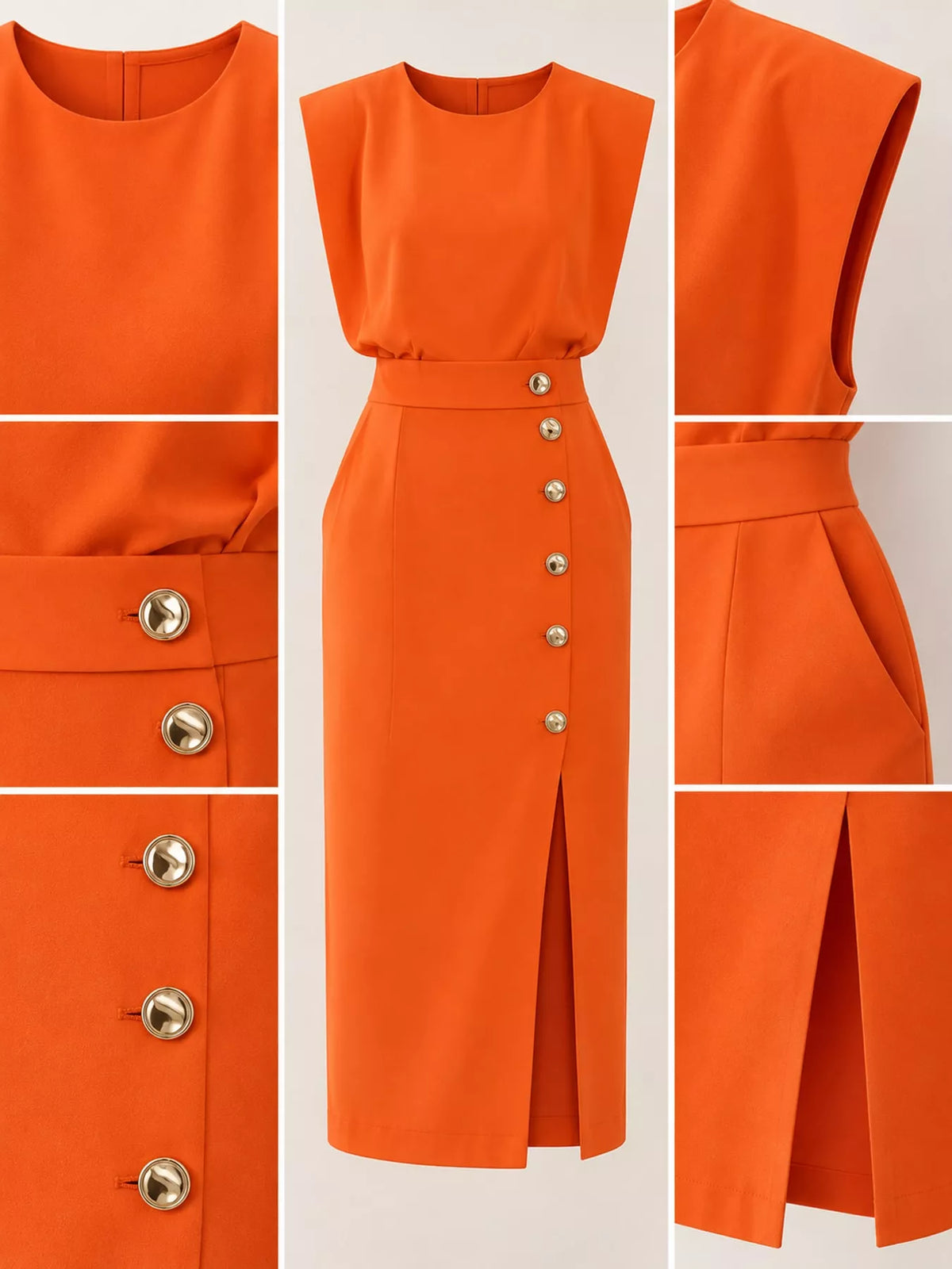 Orange sleeveless midi dress with gold buttons and front slit detail