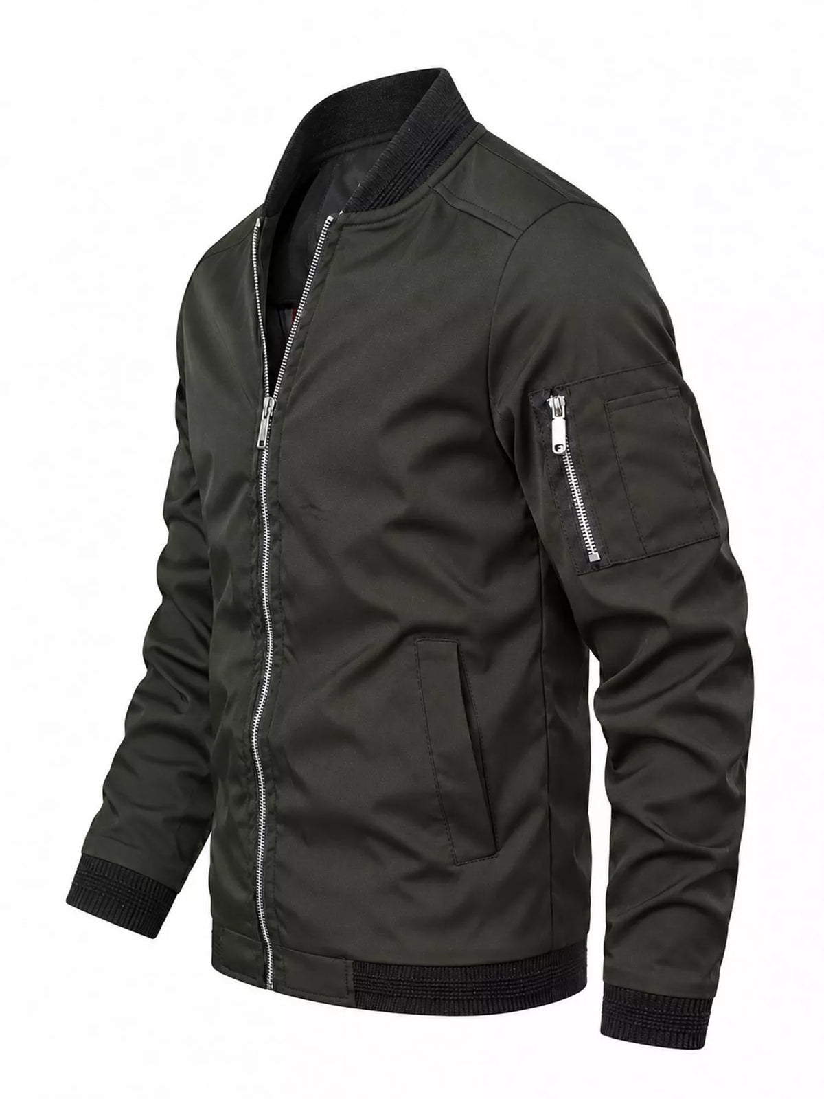 Men's lightweight dark gray bomber jacket, full-zip front, side sleeve zip pocket