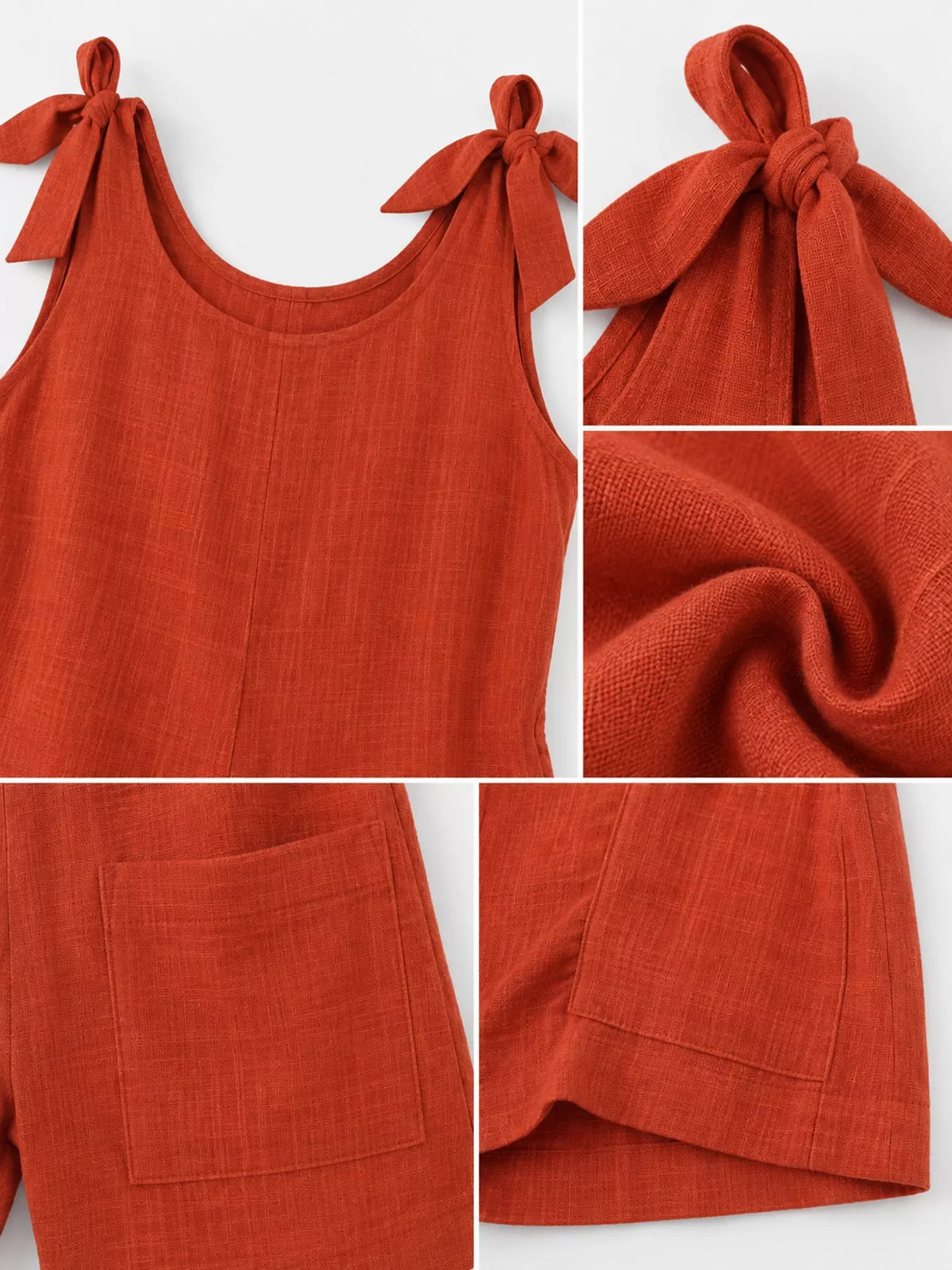Rust red romper close-up: bow shoulder ties, scoop neckline, pocket details