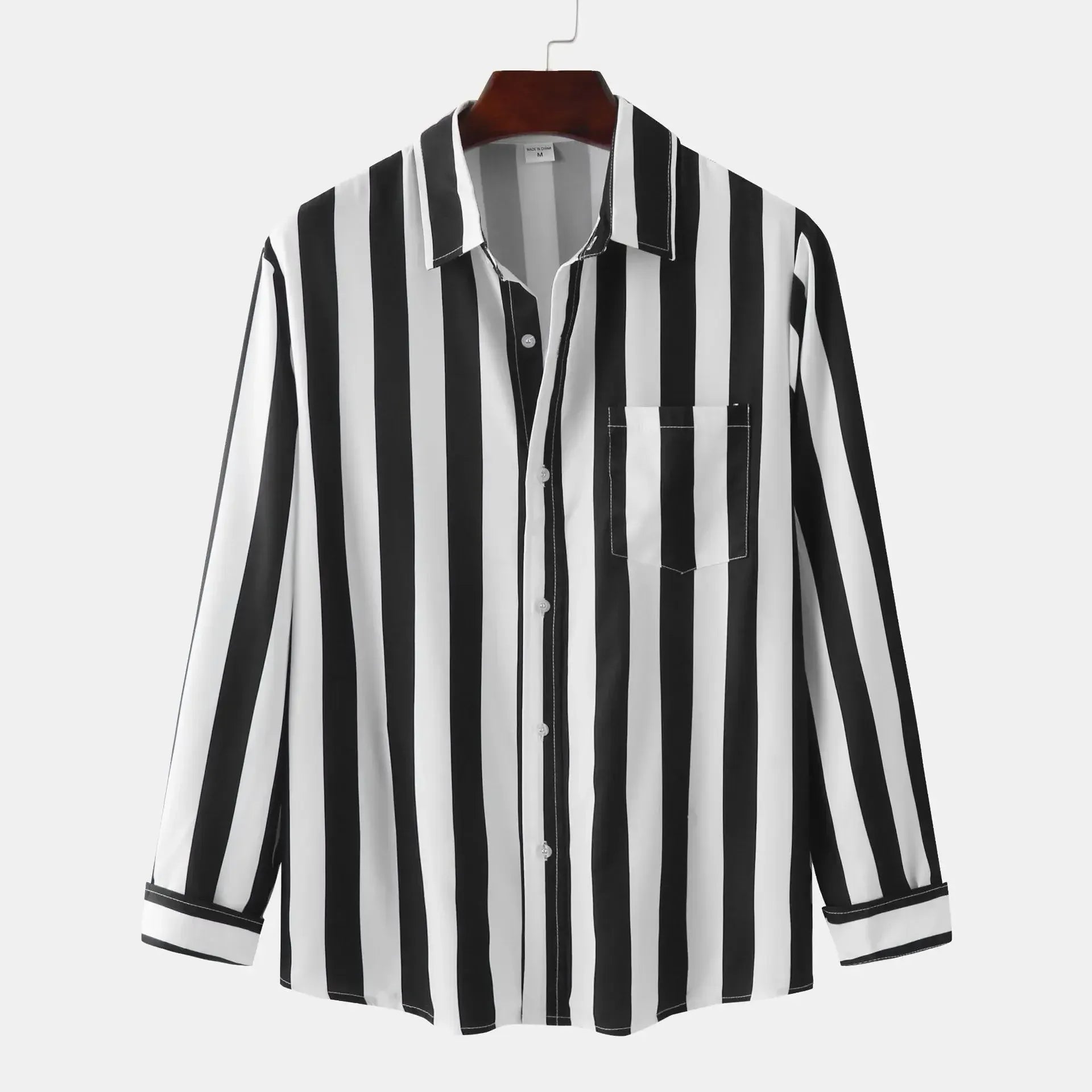 Black-and-white striped button-down long-sleeve shirt, button front, cuffs